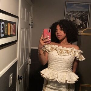 Off-Shoulder Cream Peplum Blouse with Gold Embellishment